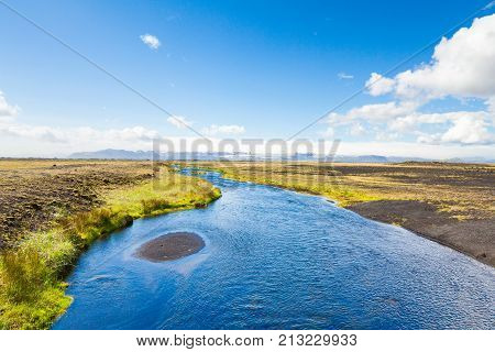 Katla geopark panorama with sun south iceland