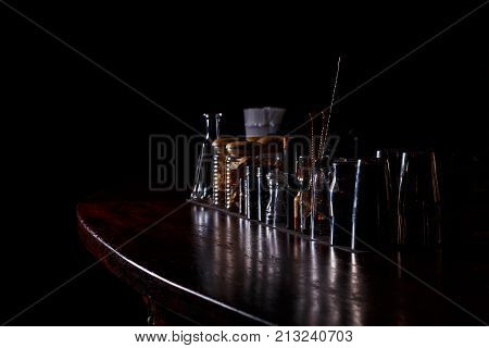 Bartender tools on bar at the night club
