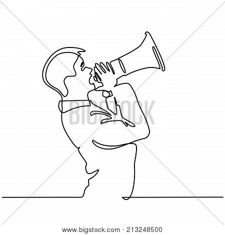 Continuous line drawing. Man screaming with megaphone . Vector illustration