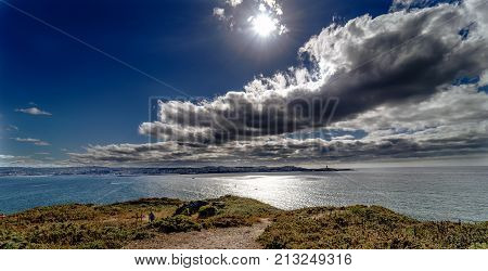 Panoramic View Of The Spanish Atlantic Coast In Galicia. In The Background The City Of La Coruña. Sk