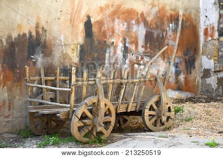 The cart for agricultural work.Used in the pre-automotive times vehicile.Ecologically clean.They are made of wood and the iron details.The remaining force was horsesdonkeysbuffaloes.