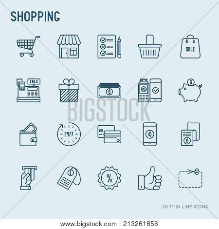 Shopping thin line icons set: cashbox, payment, pos terminal, piggy bank, sale, currency, credit card, trolley. Vector illustration.