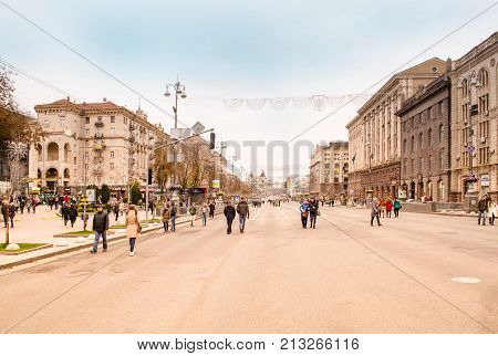Central Street Of Kiev - Khreshchatyk. People Walking Through The Street.