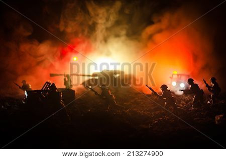 War Concept. Military Silhouettes Fighting Scene On War Fog Sky Background, World War Soldiers Silho