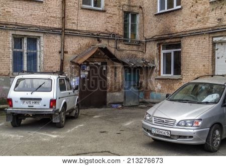 Kazakhstan, Ust-Kamenogorsk, november 2, 2017: Entrance of the old apartment building, on the street Kazakhstan 116