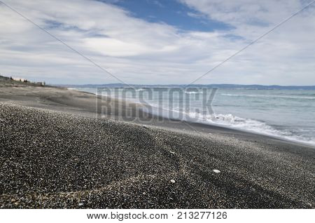 Beautiful Bulgarian sandy shore and cloudy weather near sunset