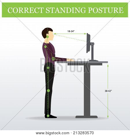 ergonomic. Correct standing posture on height adjustable desk or table sitting and standing pose of a man. Healthy sitting pose