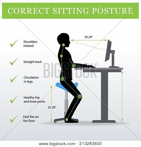 ergonomic. Saddle sitting chair and Height adjustable desk or table sitting and standing pose of a man. Healthy sitting pose