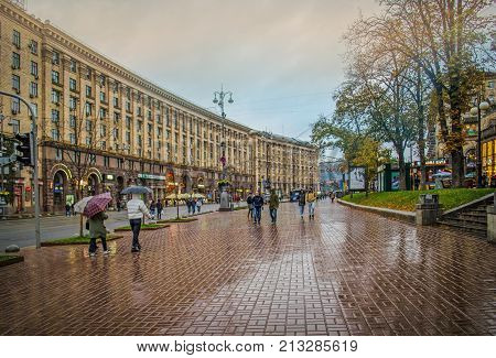 Khreschatyk Street In Kiev. People Walking Through The Street.