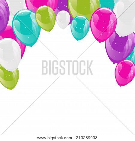 Frame of colorful sparkling helium balloons. Concept of birthday party anniversary and wedding invitations
