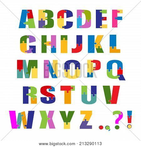 Puzzle font. School children bright colorful toys alphabet. Isolated on white background. Vector illustration