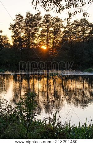 The river Naab next to Schwandorf in bavaria during sundown with trees in fall autumn
