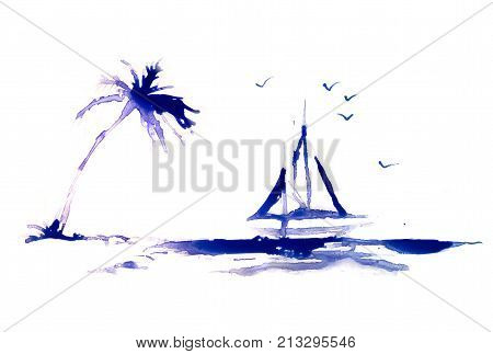 Palm tree on the beach and sail boat, abstract background made of watercolour with space for text