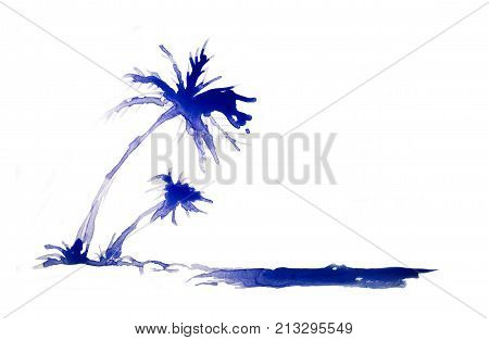 Palm tree on the beach, abstract background made of watercolour with space for text