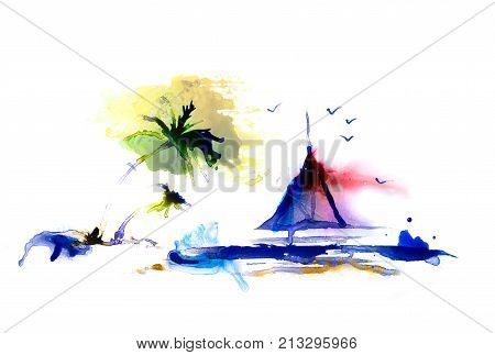 Palm tree on the beach and sail boat, abstract background made of watercolour with space for text