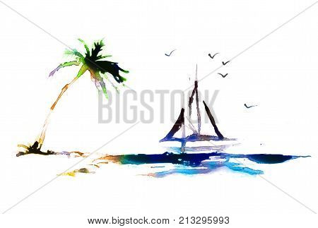Palm tree on the beach, abstract background made of watercolour with space for text