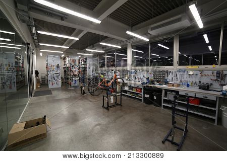 Vicenza, Vi, Italy - January 1, 2017: Mechanical Workshop For Bicycle Repairs In The Headquarters Of