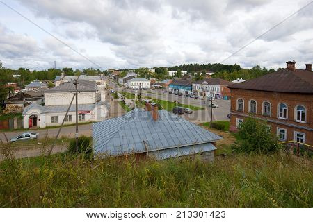 SUDISLAVL, RUSSIA - SEPTEMBER 05, 2017: View of the Soviet square on a cloudy September day