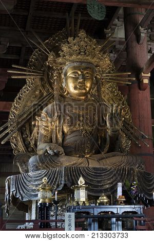 Nara, Japan -  May 29, 2017: Statue of Kokuzo Bosatsut, the patron deity of memory and wisdom in the Great Buddha Hall