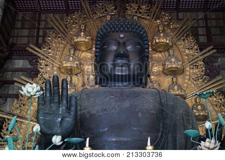 Nara, Japan -  May 29, 2017: The world's largest bronze statue of Buddha in the Great Buddha Hal, Daibutsuden 