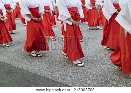 Hiroshima, Japan -  May 27, 2017: Manto Mitama Matsuri at the Hiroshima Gokoku-jinja Shrine, the spectacle of 100 shrine maidens dancing by lantern light 