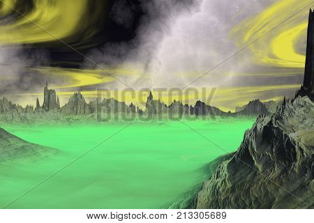 Alien Planet - Artwork. Rocks and sky. 3D illustration
