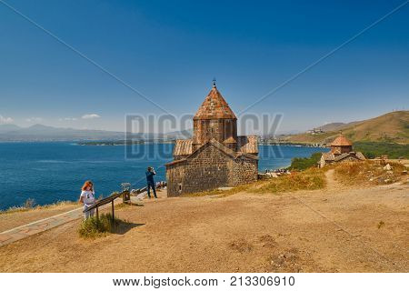 SEVANAVANK MONASTERY, ARMENIA - 02 AUGUST 2017: Famous Sevanavank Monastery Landmark on Scenic Lake Sevan in Armenia