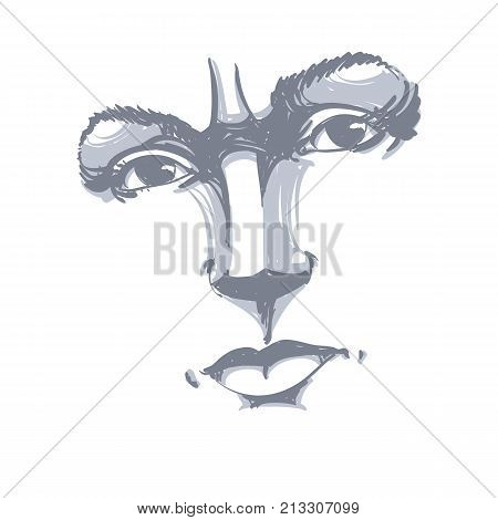 Monochrome hand-drawn portrait of white-skin doubtful woman face features and emotions theme illustration. Angry lady with wrinkles on her forehead posing on white background.
