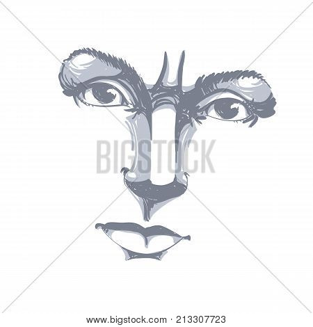 Monochrome hand-drawn portrait of white-skin doubtful woman face features and emotions theme illustration. Angry lady with wrinkles on her forehead posing on white background.