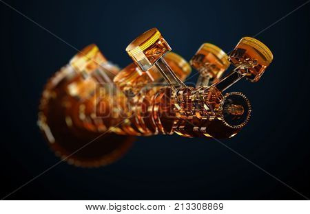 3d illustration of engine. Motor parts as crankshaft, pistons in motion