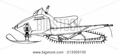 Snowmobile. Vector illustration in a hand-made style. Types of equipment from different sides.