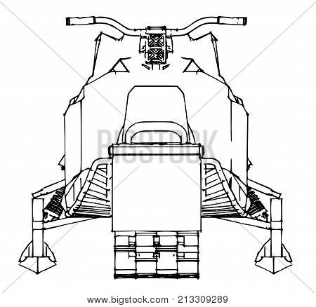 Snowmobile. Vector illustration in a hand-made style. Types of equipment from different sides.