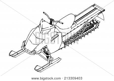 Snowmobile. Vector illustration in a hand-made style. Types of equipment from different sides.