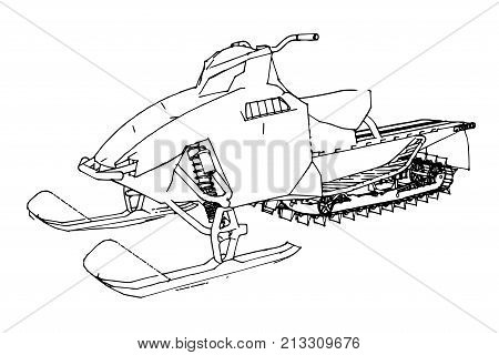 Snowmobile. Vector illustration in a hand-made style. Types of equipment from different sides.