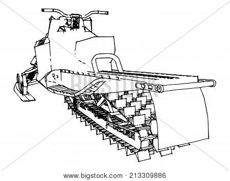 Snowmobile. Vector illustration in a hand-made style. Types of equipment from different sides.