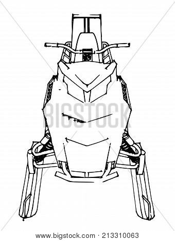 Snowmobile. Vector illustration in a hand-made style. Types of equipment from different sides.