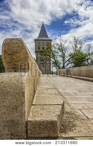 Court Tower of Justice and Sultan Suleyman bridge in Edirne city of Turkey.Freedom tower to kirkpinar using old stone bridge