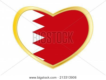 Bahraini national official flag. Patriotic symbol banner element background. Correct colors. Flag of Bahrain in heart shape isolated on white background. Golden frame. Vector