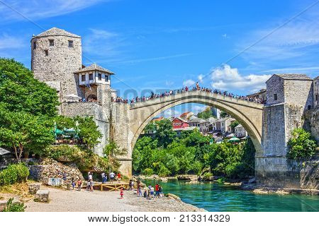 MOSTAR, BOSNIA AND HERZEGOVINA - NOV 12, 2017: Mostar bridge view in Bosnia and Herzegovina