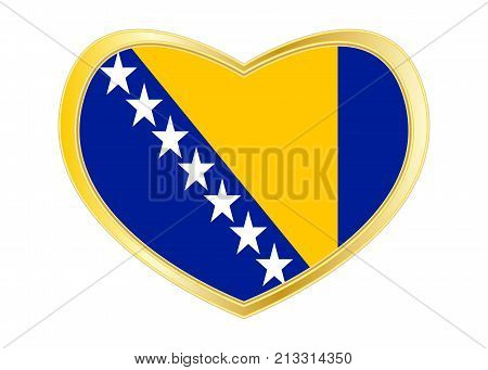 Bosnian and Herzegovinian national official flag. Patriotic symbol banner element. Correct colors. Flag of Bosnia and Herzegovina in heart shape isolated on white background. Golden frame. Vector