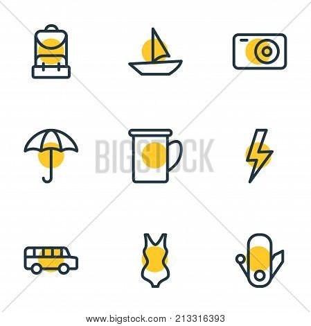 Editable Pack Of Corkscrew, Cup, Transportation And Other Elements.  Vector Illustration Of 9 Tourism Outline Icons.