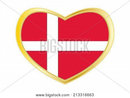 Danish national official flag. Patriotic symbol banner element background. Correct colors. Flag of Denmark in heart shape isolated on white background. Golden frame. Vector