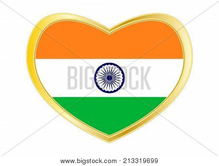 Indian national official flag. Patriotic symbol banner element background. Correct colors. Flag of India in heart shape isolated on white background. Golden frame. Vector