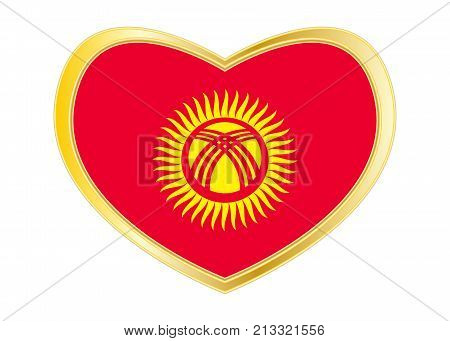 Kyrgyzstani national official flag. Patriotic symbol banner element background. Correct colors. Flag of Kyrgyzstan in heart shape isolated on white background. Golden frame. Vector