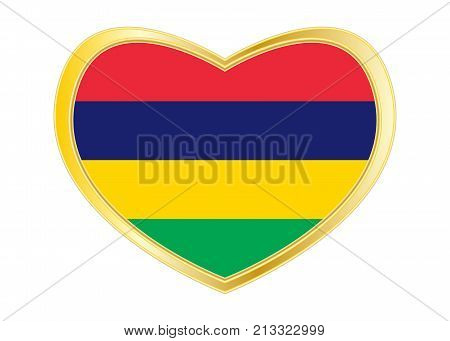 Mauritian national official flag. African patriotic symbol banner element background. Correct colors. Flag of Mauritius in heart shape isolated on white background. Golden frame. Vector