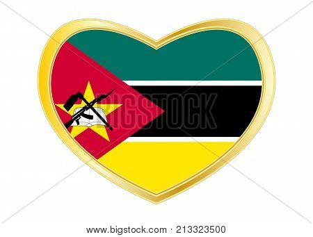 Mozambican national official flag. African patriotic symbol banner element background. Correct colors. Flag of Mozambique in heart shape isolated on white background. Golden frame. Vector