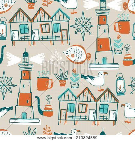 Vector doodle illustration. North sea. Scandinavian style. Seamless pattern with lighthouse, gull, fish, mug, pipe, sea symbols Cozy home elements