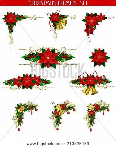 Christmas decoration set with evergreen treess pine cones and poinsettia isolated vector