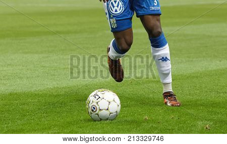 Solna Sweden - Oct 30 2017: Closeup Of Ball Feet And Legs Of Soccer Player In The Game Aik And Ifk G