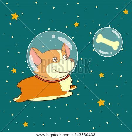 Cute smiling dog dressed in spacesuit is flying in outer space using, on starry space background. Science and fiction concept, vector illustration